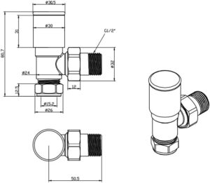 Paire de valves coudees en laiton brosse pour radiateur