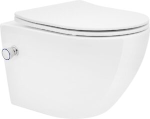 41tOXH35UUL._AC_SL1200_.jpg Rimoff White Suspended Toilet with Soft Close Lid and Bidet Tap for Water - Wall Mounting Kit Included