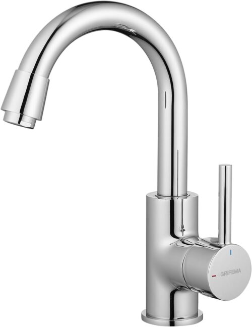 GRIFEMA Robinet Lavabo Salle Bain Monocommande Haut Pivotant a 360, Laiton, Eau Chaude et Froide Disponible, Aerateur Demotable, G1