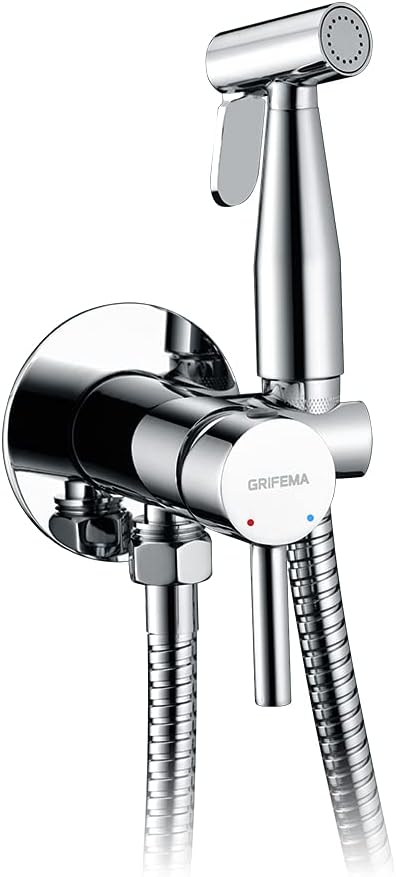 GRIFEMA Douchette WC Kit Robinet Bidet Argent Mitigeur Laiton avec Flexible 1,5 m, Pulverisateur, Robinet dArret et Support Mur