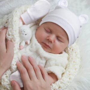DRESHOW Bonnets de Naissance et Moufles de Protection Bebe Gants Bonnet Nouveau-ne Bambin Doux Mignon Tricote Chapeau 0-6 Mois, Tail