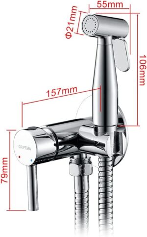 GRIFEMA Douchette WC Kit Robinet Bidet Argent Mitigeur Laiton avec Flexible 1,5 m, Pulverisateur, Robinet dArret et Support Mur