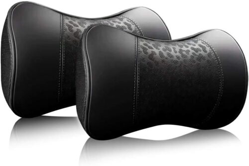 Carodi Lot de 2 coussins de nuque en cuir pour voiture, 100 mousse a memoire de forme, support cervical confortable, siege de voit