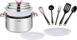 Tefal Batterie de cuisine 13 pieces, Faitouts couvercles, Ustensiles, Induction, Acier inoxydable 1810 haute qualite, Garantie 10