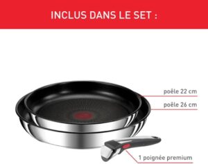 Tefal Ingenio Lot de 2 poeles 2428 cm poignee amovible, Induction, Acier inoxydable, Revetement antiadhesif, Empilable, Compatibl