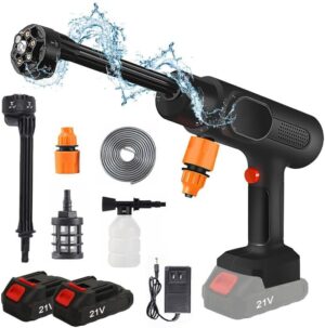 Nettoyeur haute pression sans fil, sans fil, 21 V, portable, 95 bar maximum, buse multifonction 6 en 1 avec 2 batteries rechargeable