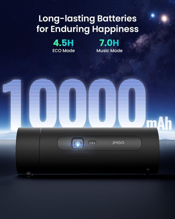 JMGO PicoFlix Mini Portable Outdoor Projector with Google TV, Netflix, 1080P, 420 ISO Lumens, 4.5 Hours Battery, 200 Inch Home Cinem