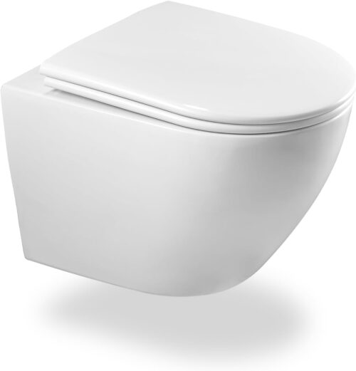 Rimless Toilet with Toilet Lid, Ceramic Hanging Toilet, Modern Toilet Set, D Shape Lid (White)