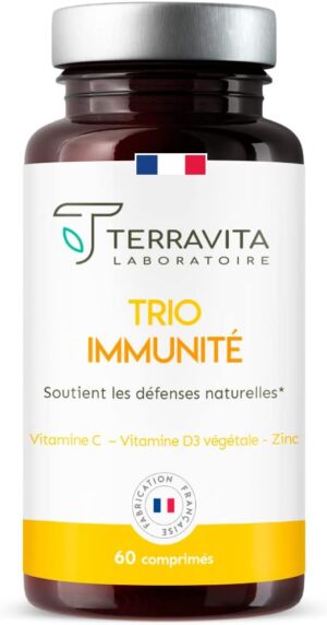 TRIO Immunite Vitamine D3 Vitamine C Zinc Bisglycinate Formule 3 en 1 Ultra Complete Energie et Tonus 60 Comprimes pour