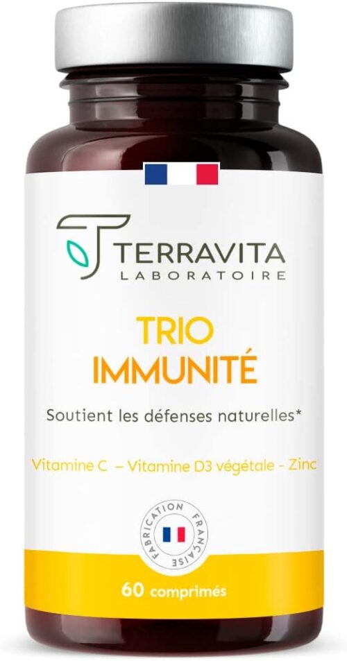 TRIO Immunite Vitamine D3 Vitamine C Zinc Bisglycinate Formule 3 en 1 Ultra Complete Energie et Tonus 60 Comprimes pour
