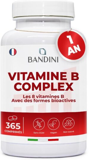Bandini Vitamine B Complex 365 Comprimes Vegan (1 An) Vitamines group B dosage eleve B1, B2, B3, B5, B6, B8 (Biotine), B9 (Acide