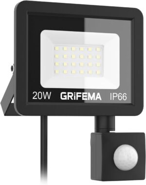 51gB086WwAL._AC_SL1500_.jpg GRIFEMA Projecteur LED Exterieur 20W, 2200LM, Detecteur de Mouvement Reglable, 6500K Blanc Froid, IP66 Etanche, Eclairage de Securit