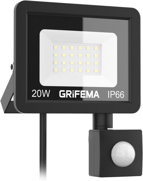 GRIFEMA Projecteur LED Exterieur 20W, 2200LM, Detecteur de Mouvement Reglable, 6500K Blanc Froid, IP66 Etanche, Eclairage de Securit