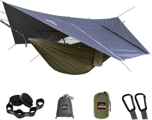 AnorTrek Camping Hammock avec moustiquaire et bache de Pluie, hamac Double Portable avec Deux Sangles d'arbre, hamac en Nylon 210T e
