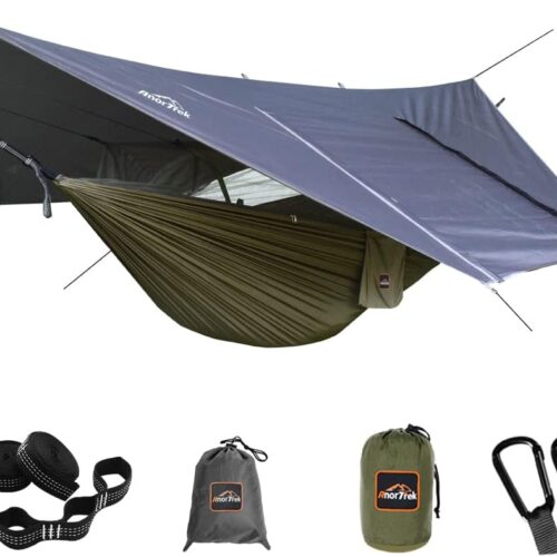 AnorTrek Camping Hammock avec moustiquaire et bache de Pluie, hamac Double Portable avec Deux Sangles d'arbre, hamac en Nylon 210T e