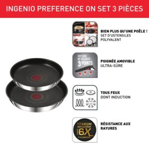 Tefal Ingenio Lot de 2 poeles 2428 cm poignee amovible, Induction, Acier inoxydable, Revetement antiadhesif, Empilable, Compatibl