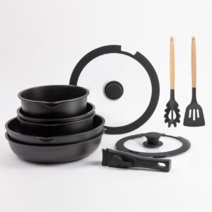 BERGNER Batterie de cuisine avec poignee amovible 2 poeles, 2 casseroles, 1 sauteuse, 2 couvercles et 2 ustensiles - En fonte d'alum