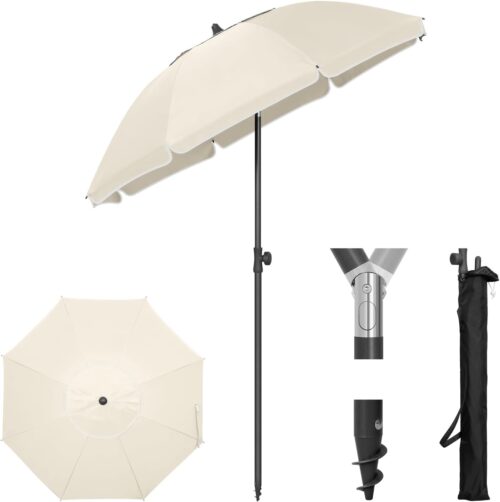 Laneetal Parasol de Plage Ø135155175cm Parasol Impermeable en Tissu Anti-UV a UPF 50, Toile Inclinable, Hauteur Reglable, Parasol