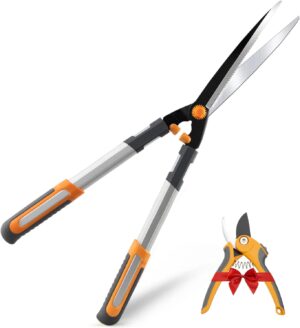 AIRAJ Hedge Shears (60 cm), with serrated blade in three sections and non-stick coating, manual hedge shears for trimming, ideal for