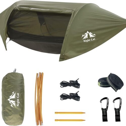 Night Cat Hamac Tente avec Moustiquaire Impermeable a l'eau pour 1 Personne Randonnee Camping dans Jardin Arriere-Cour Sauvage Vert