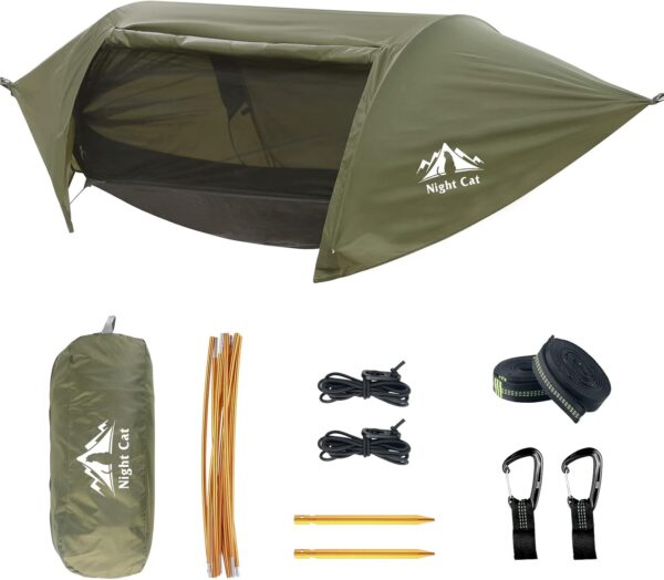 Night Cat Hamac Tente avec Moustiquaire Impermeable a l'eau pour 1 Personne Randonnee Camping dans Jardin Arriere-Cour Sauvage Vert