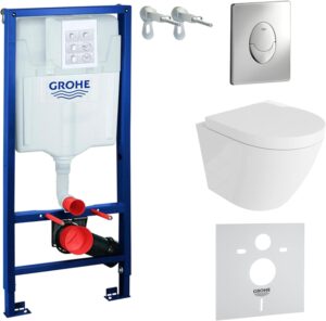 LAVITA Solido Start Wall Unit Sogo Wall-Mounted Toilet White Rimless Toilet Seat with Soft-Close Mechanism Chrome Button Complet