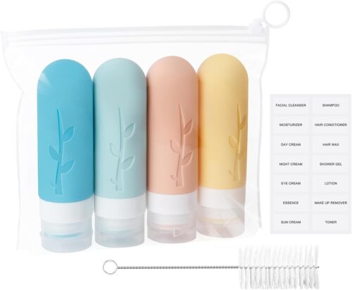 Romon Flacons de Voyage, 4 PieCes 90 ml Bouteille De Voyage Silicone, avec eTiquette et Brosse De Nettoyage, Liquide Bouteille Conte