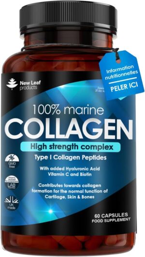 Collagene Marin Pur de Type 1, Peptides de Collagene Hydrolyses Enrichis en Acide Hyaluronique et Vitamine C, Acides Amines Essentie
