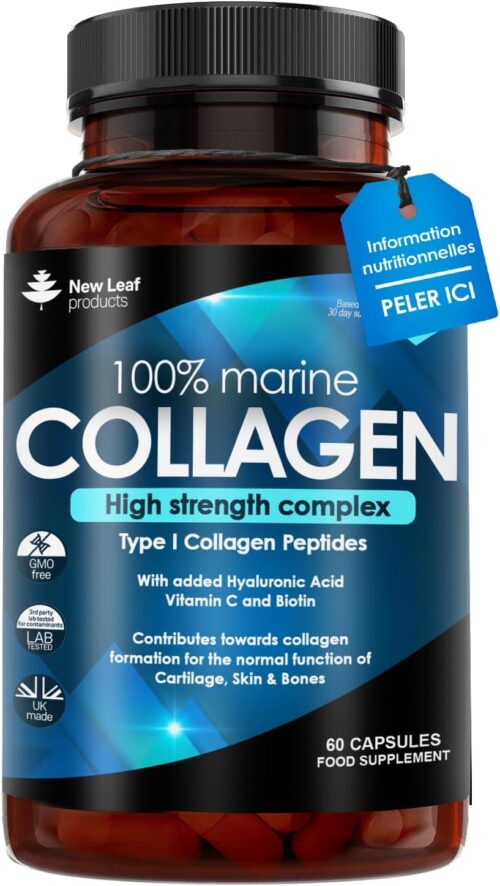 Collagene Marin Pur de Type 1, Peptides de Collagene Hydrolyses Enrichis en Acide Hyaluronique et Vitamine C, Acides Amines Essentie