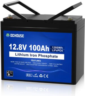 Batterie DCHOUSE 12V 100Ah LiFePO4, BMS 100A ameliore, jusqu'a 15000 cycles, batterie au lithium 1280Wh, parfaite pour les camping-c