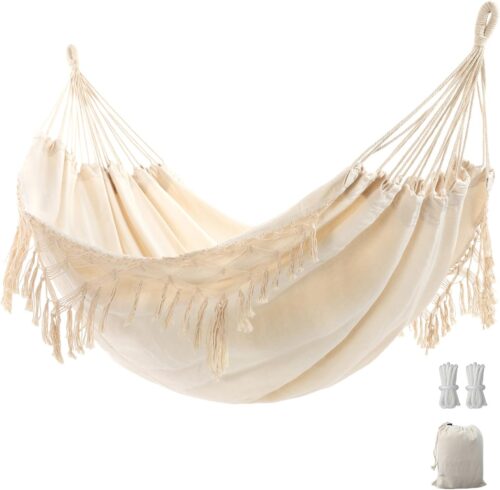 Hamac de Jardin avec Glands elegants Macrame Hammock lit avec Sac de Transport pour Le Patio, Cour, exterieur et interieur Charge 20