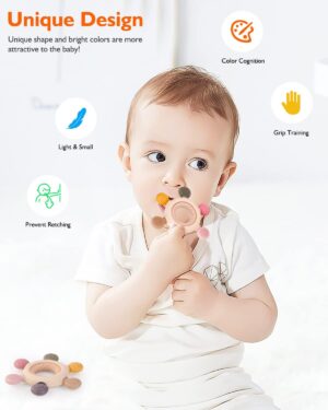 akolik Anneau de Dentition pour Bebe, en Silicone et Bois pour Jouet de Dentition, Accessoires d'Allaitement Sans BPA pour Bebes de