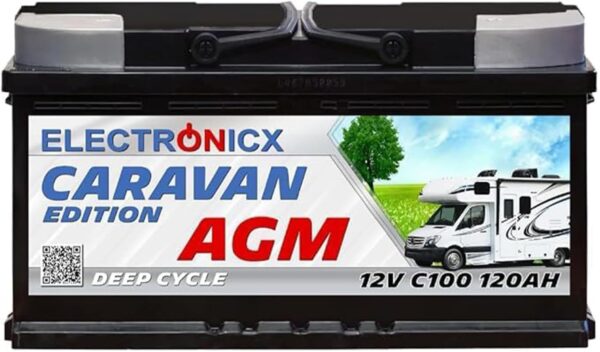Batterie AGM 120Ah Caravan Edition Batterie Voiture 12v Solution Energetique Solaire Batterie Decharge Lente pour Camping-Car Enfant