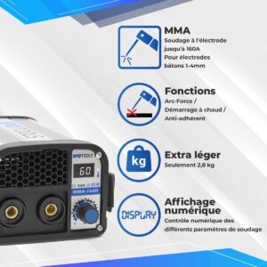 617urGZkMoL._AC_SL1200_.jpg IPOTOOLS MMA-160R poste a souder a l arc - poste a souder a larc DC MMA Inverter avec 160 AAffichage Numerique 230 VAntistickHo