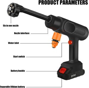 Nettoyeur haute pression sans fil, 21 V maximum, 95 bar, portable, avec batterie 7500 mAh, buse 6 en 1, pulverisateur de mousse, net