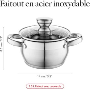 FLORINA Faitout Inox (1,3 l) I Diametre de 14 cm I Marmite Inox OLIVER I Casserole Acier Inoxydable avec Couvercle en Verre I Faitou