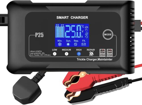 HTRC 25A Car Battery Charger, 12V24V Car Charger, Maintain Battery Charging, Intelligent Battery Charger for Lithium LiFePO4 Lead-A
