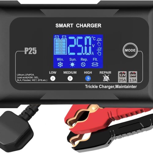 HTRC 25A Car Battery Charger, 12V24V Car Charger, Maintain Battery Charging, Intelligent Battery Charger for Lithium LiFePO4 Lead-A