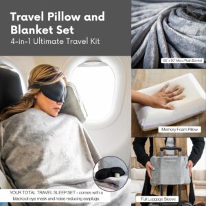 Travellow Ensemble Oreiller et Couverture de Voyage Kit de Voyage Ultime 4 en 1 avec Oreiller en Mousse a memoire de Forme, Couver