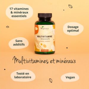 A-Z Multivitamines et Mineraux Vegavero Avec 12 Vitamines et 5 Mineraux LE SEUL SANS ADDITIFS Homme Femme Energie Anti
