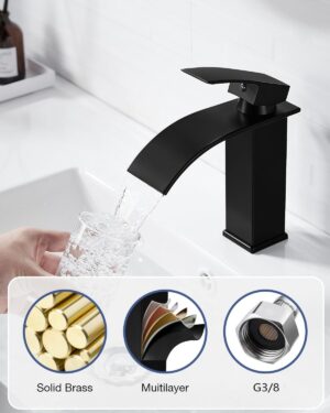 Coleniny Moderne Robinet Lavabo Noir Cascade, Mitigeur Lavabo Salle de Bain en Laiton Design Elegant, Robinet Salle de Bain Noir ave
