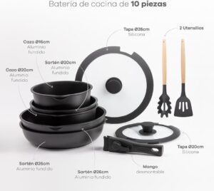 BERGNER Batterie de cuisine avec poignee amovible 2 poeles, 2 casseroles, 1 sauteuse, 2 couvercles et 2 ustensiles - En fonte d'alum