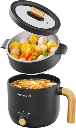 Audecook Hot Pot electrique avec Cuiseur a Vapeur, 1.5L Portable PoeLe Multifonction, Parfait Pour NouillesPaTesœUfsSoupeSteak (