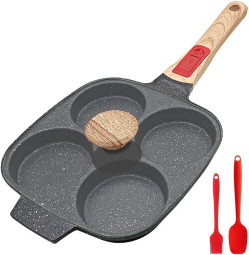Bobikuke Poele a 4 Emplacements avec Poignee Amovible et Couvercle, Poele a Pancakes Antiadhesive en Aluminium pour Tous Feux Dont I