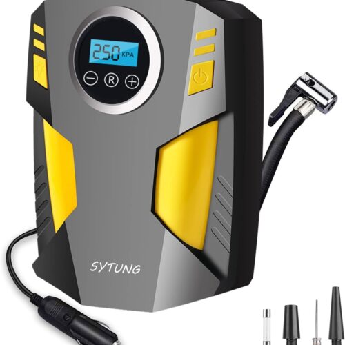SYTUNG Portable Digital Car Tyre Inflator with 3 Nozzle Adapters and LED Digital Light 12V Fast Electric Air Pump for Tyres and Othe