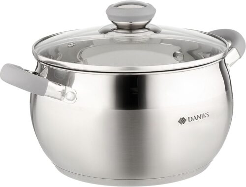 Daniks Modern Faitout Inox 20 cm 4 L, Casserole avec Couvercle en Verre, Tous Feux y Compris Induction, Poignees en Silicone, Echell