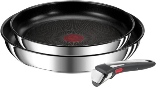 Tefal Ingenio Lot de 2 poeles 2428 cm poignee amovible, Induction, Acier inoxydable, Revetement antiadhesif, Empilable, Compatibl