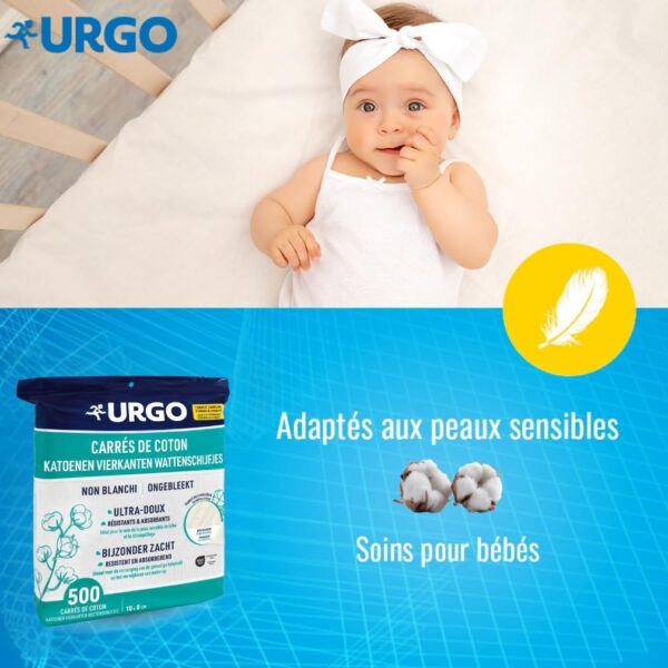 Urgo - Carres de coton - x500 unites - FORMAT FAMILIAL - Ultra-doux Absorbants - Coton de qualite certifiee OEKO-TEX Non Blanchi