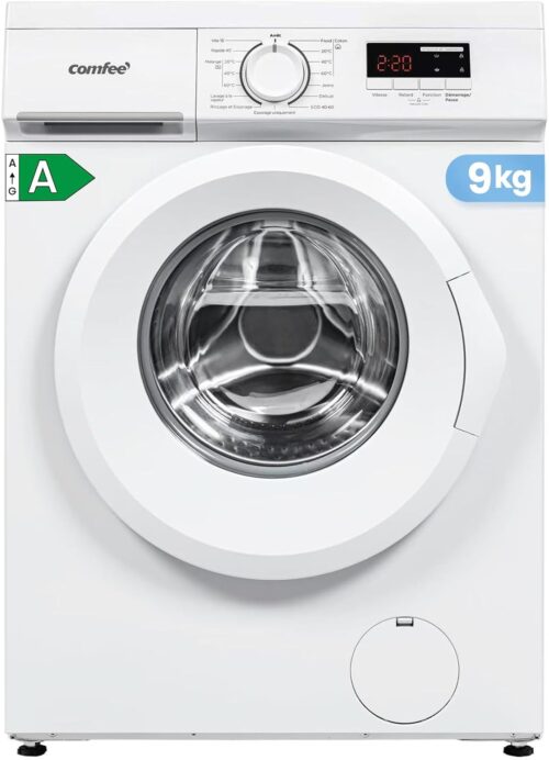 COMFEE' CFE12EW90-W Lave-linge frontal 9KG, Classe energetique A, Moteur BLDC 1400 tr-min, 15 Programmes, Prelavage, Blanc Classe e