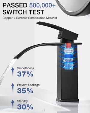 Coleniny Moderne Robinet Lavabo Noir Cascade, Mitigeur Lavabo Salle de Bain en Laiton Design Elegant, Robinet Salle de Bain Noir ave